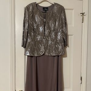 Alex Evenings Midi Dress with Sequined Top and Jacket Size 18 in Pewter Frost